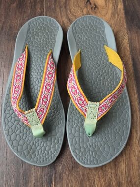 Chaco Women's Gray Flip Sandals with Pink & Yellow Accents